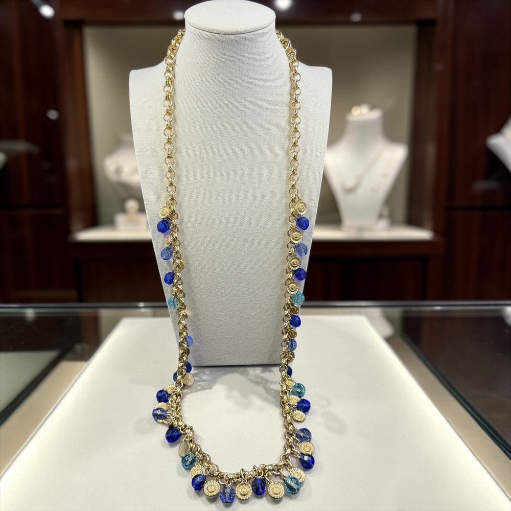 Gold Tone Charm Necklace Blue Faceted Crystal Bead Long Statement Boho Coastal‎